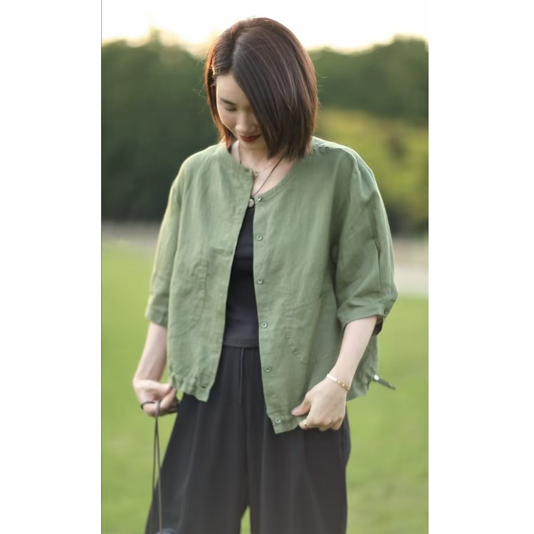 Retro round Neck Cotton Linen  - Short Linen Drawstring recension och pris