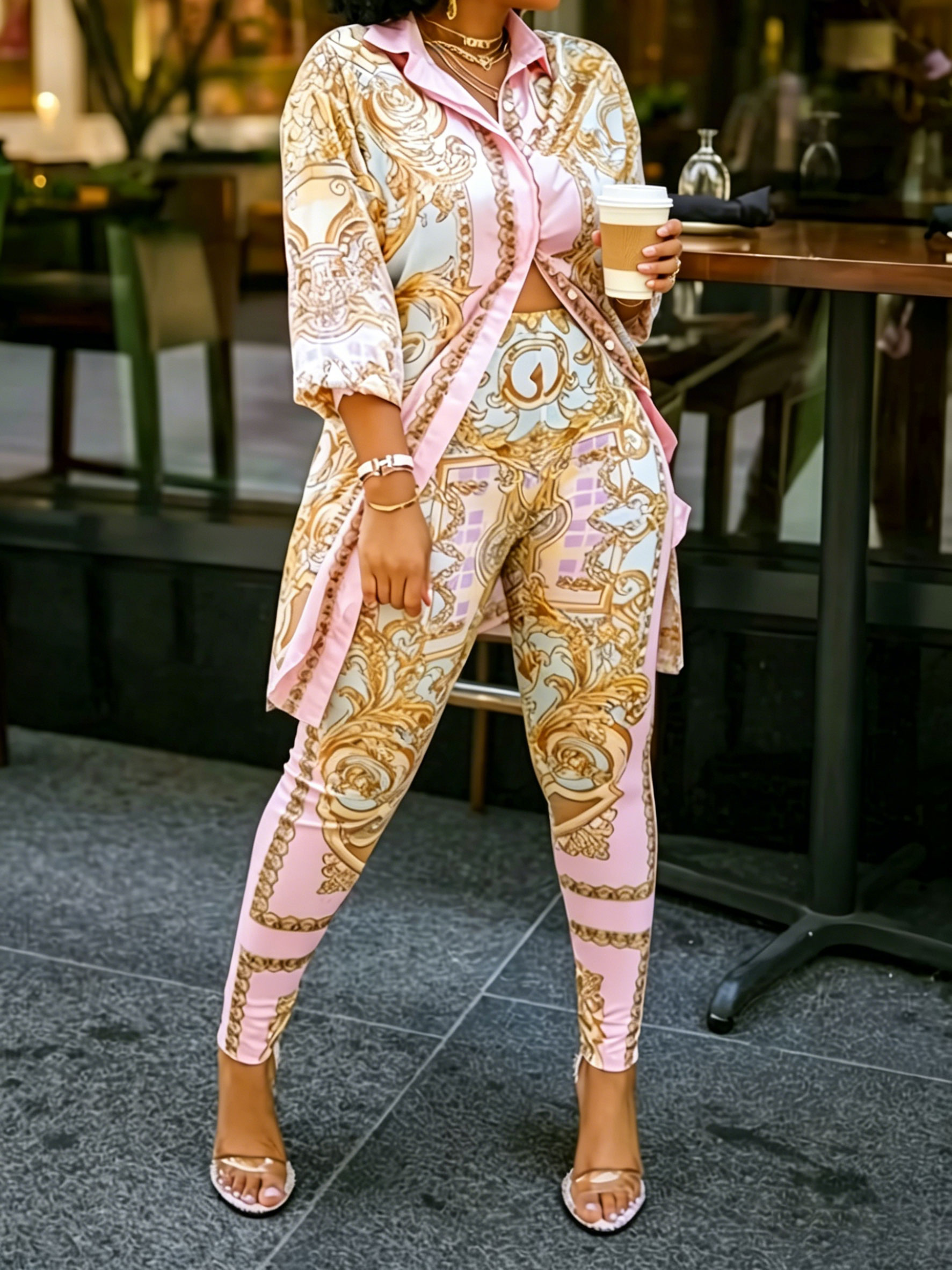 Women 2 Piece Set Ornate Print - Shirt Camp Collar recension och pris